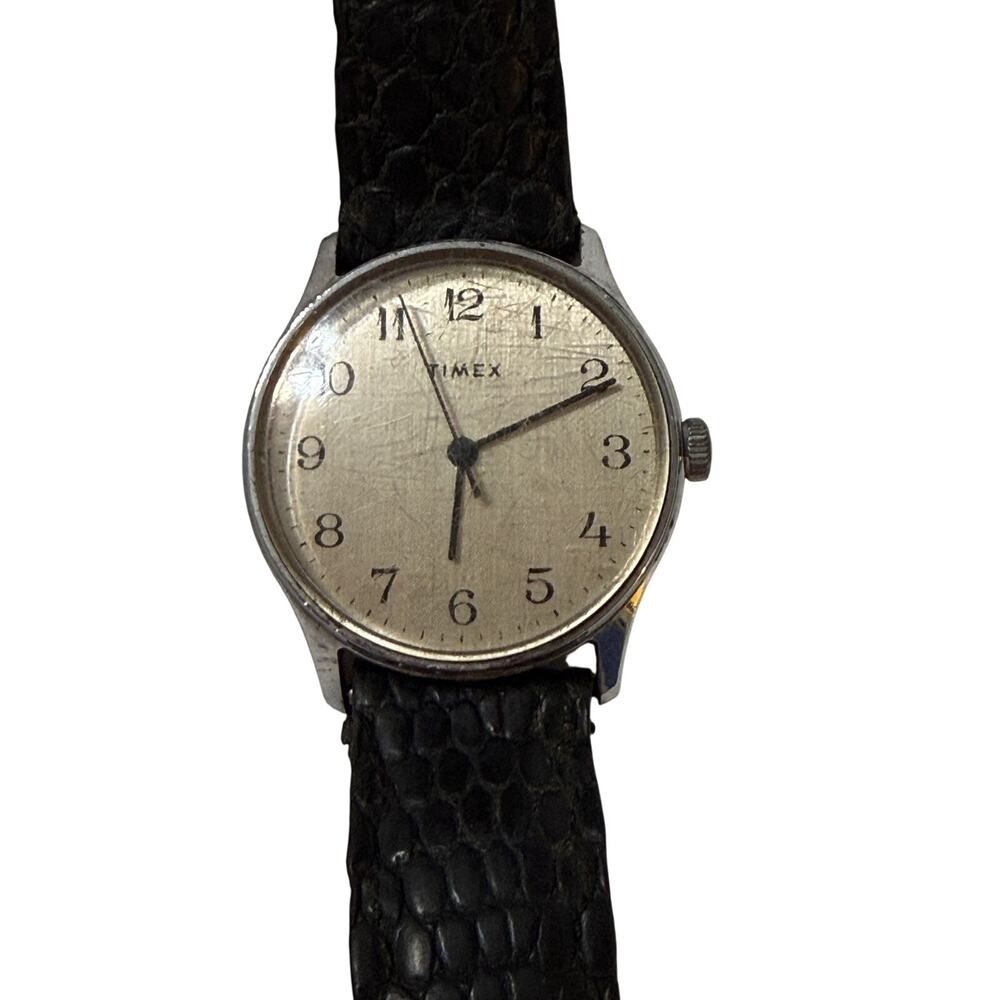 Vintage Timex Mechanical Hand Wind Watch 33mm Silver Tone Arabic Dial Running